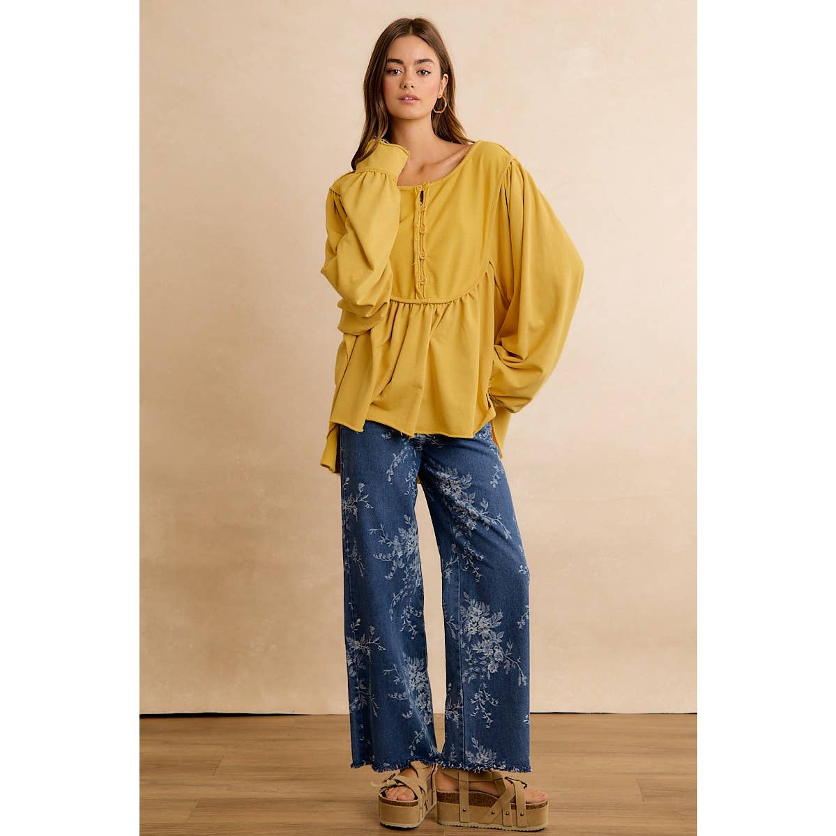 VINTAGE FLORAL VINE PRINT WIDE LEG JEANS