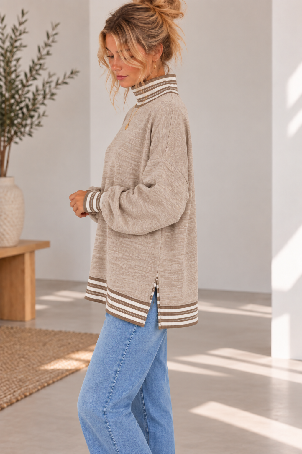 BUTTER SOFT HEATHER FLEECE MOCK NECK TUNIC STRIPE CONTRAST