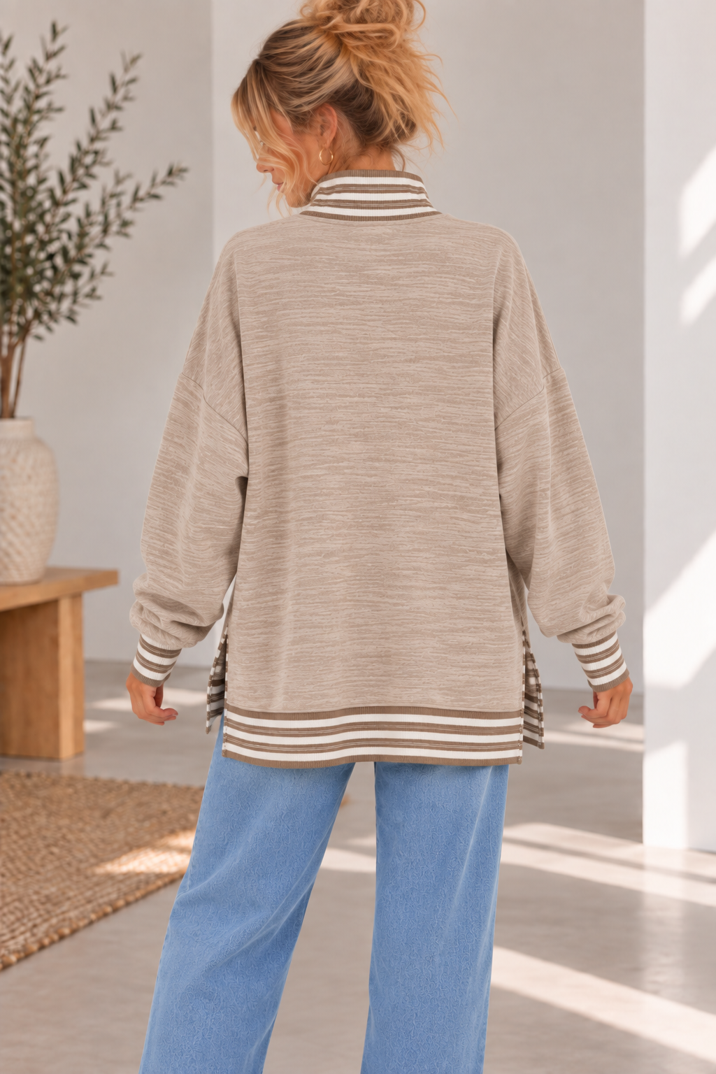 BUTTER SOFT HEATHER FLEECE MOCK NECK TUNIC STRIPE CONTRAST