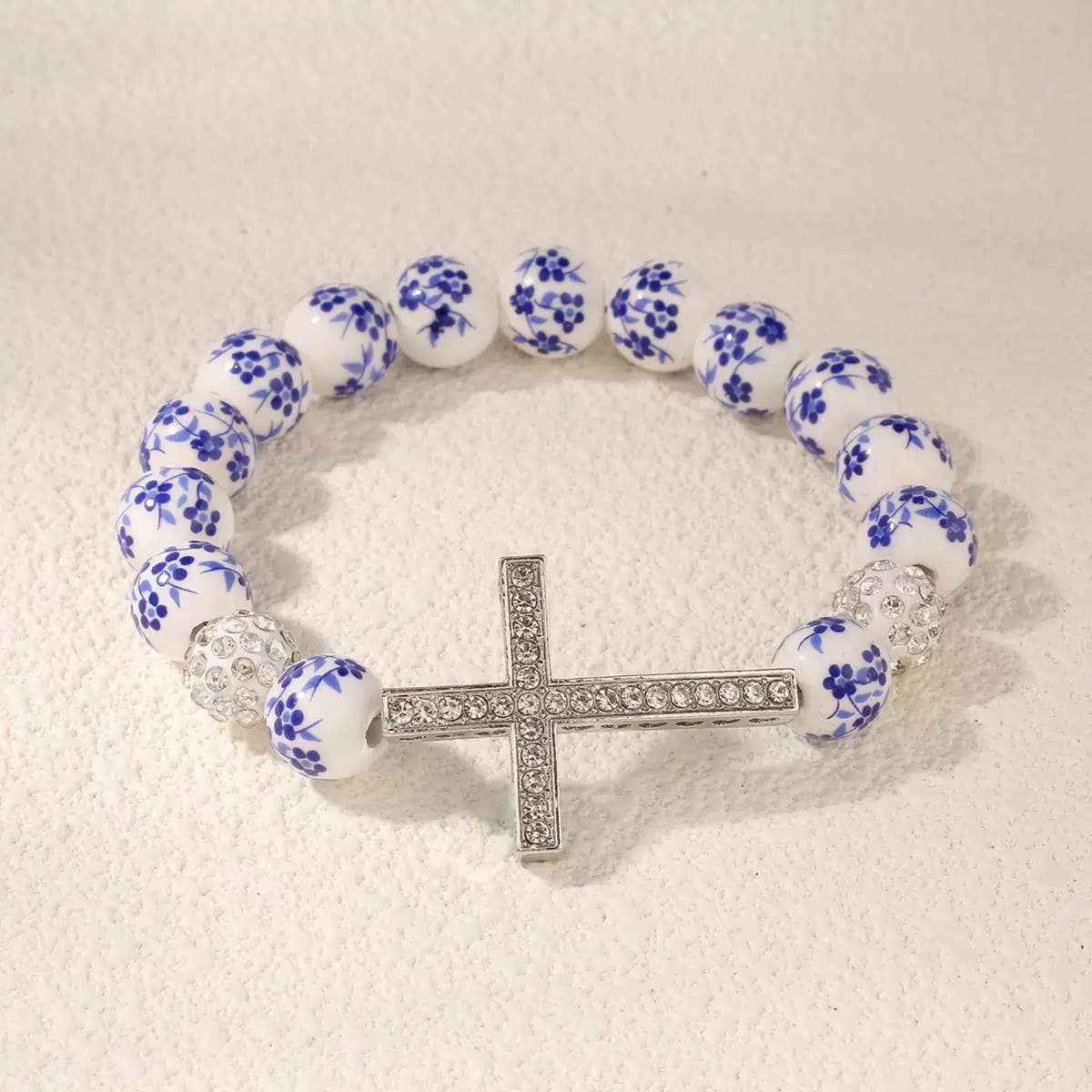 Silver and Blue Beaded Cross Bracelet for Women