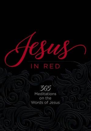 Book cover with 'Jesus in Red' and '365 Meditations on the Words of Jesus' text on a black background.
