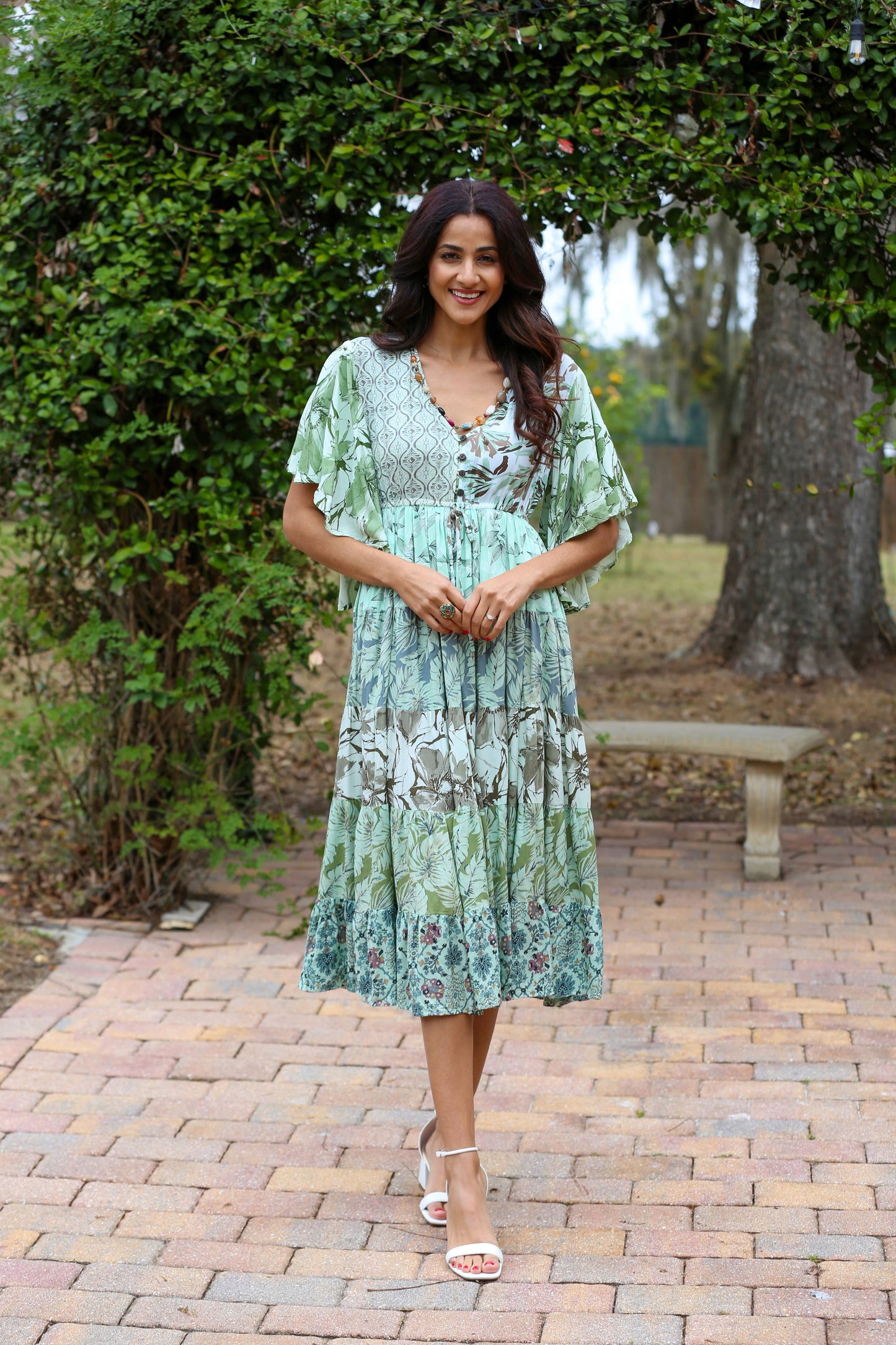 Flutter Sleeve Boho Dress: Mint Meadow Patchwork