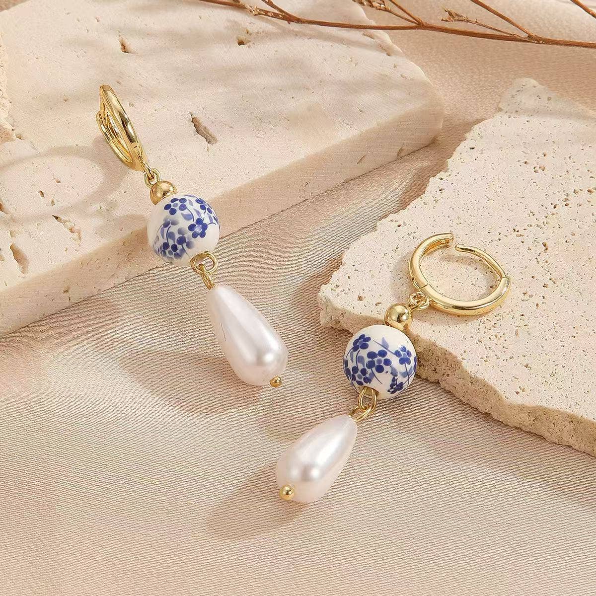 Drop and Dangle Pearl and Chinoiserie Style Earrings