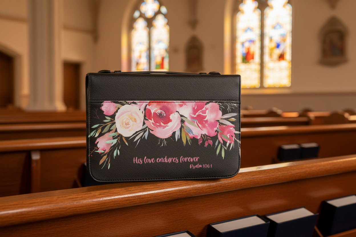 White Dove Bible Cover His love endures forever Black XL