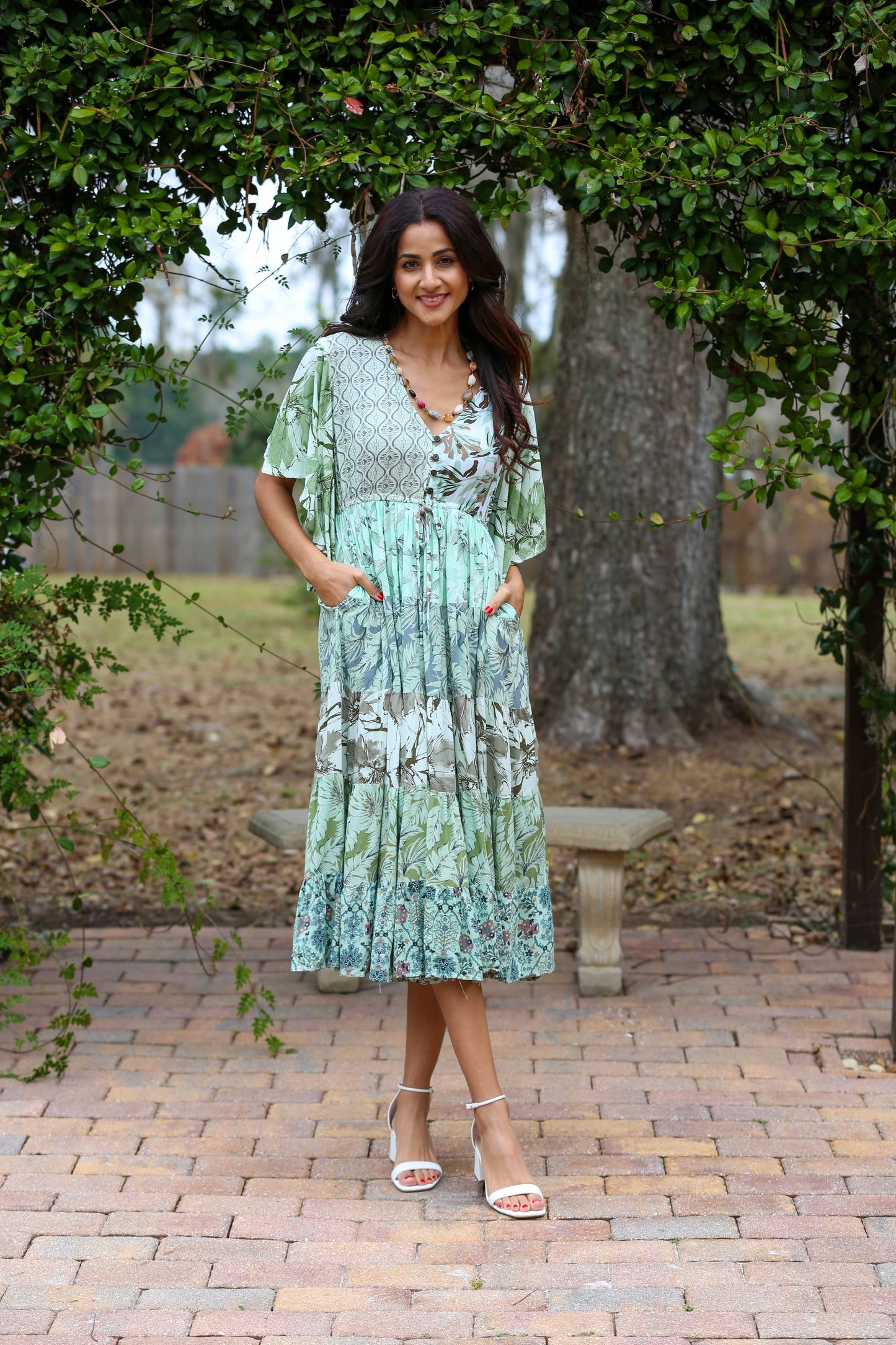 Flutter Sleeve Boho Dress: Mint Meadow Patchwork