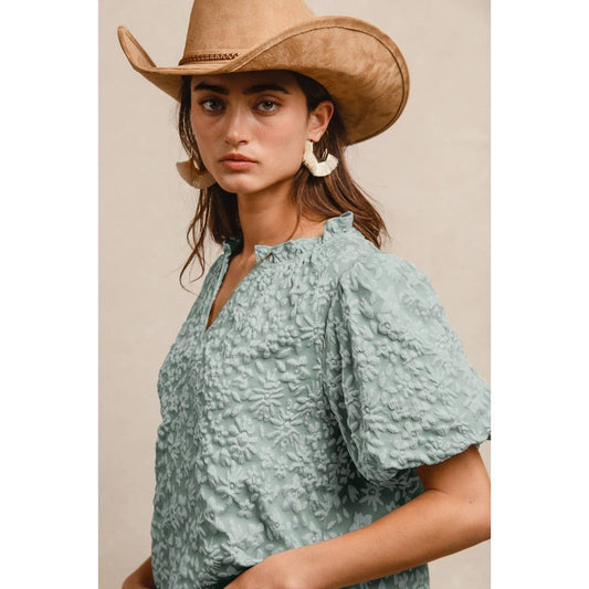 FLORAL PATTERN TEXTURE SLEEVES RUFFLED V-NECK TOP