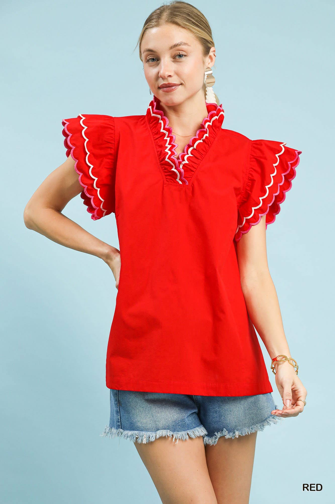 Scallop Trim Ruffle Sleeve Top