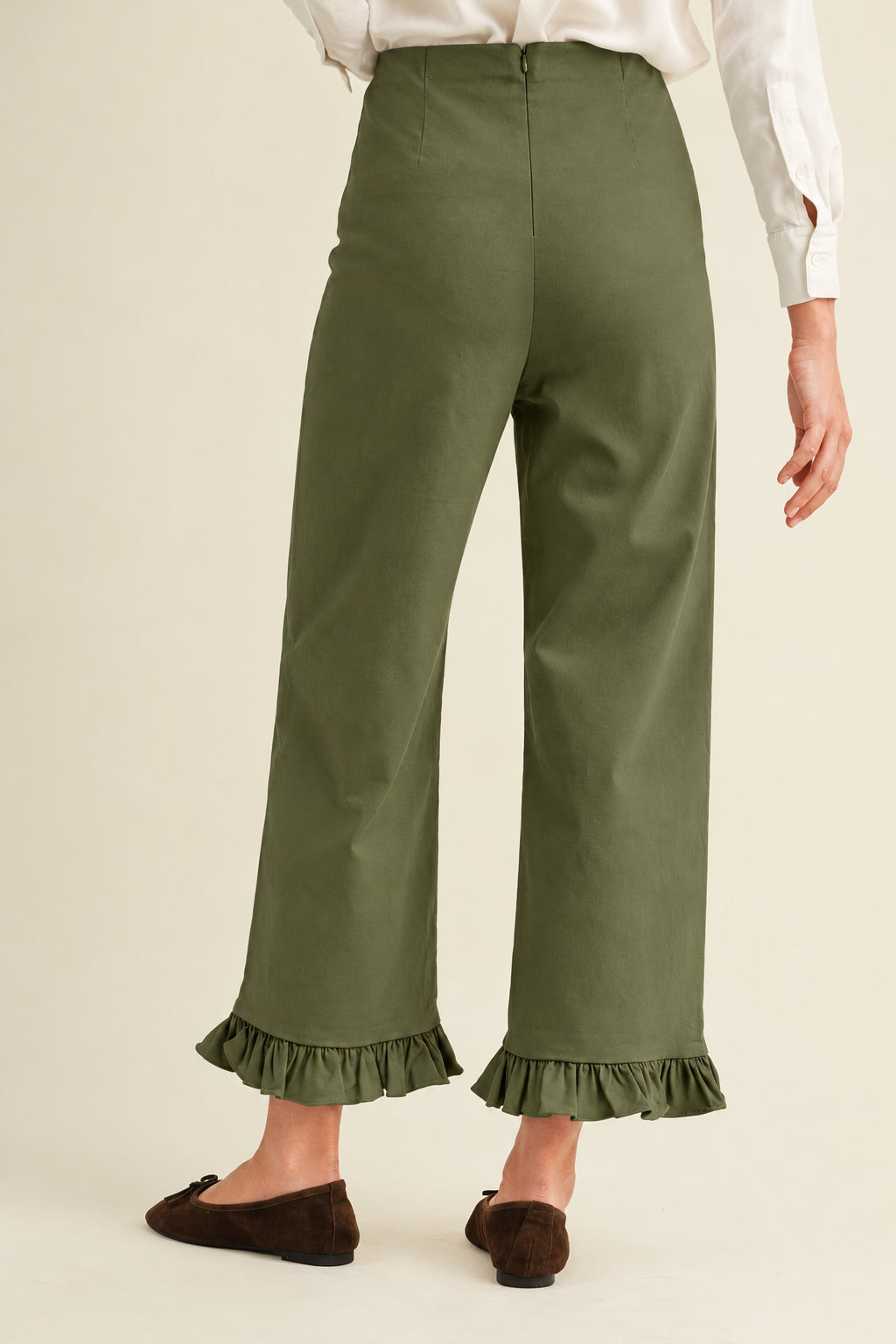 Stretch Front Pocket Ruffle Hem Twill Pants