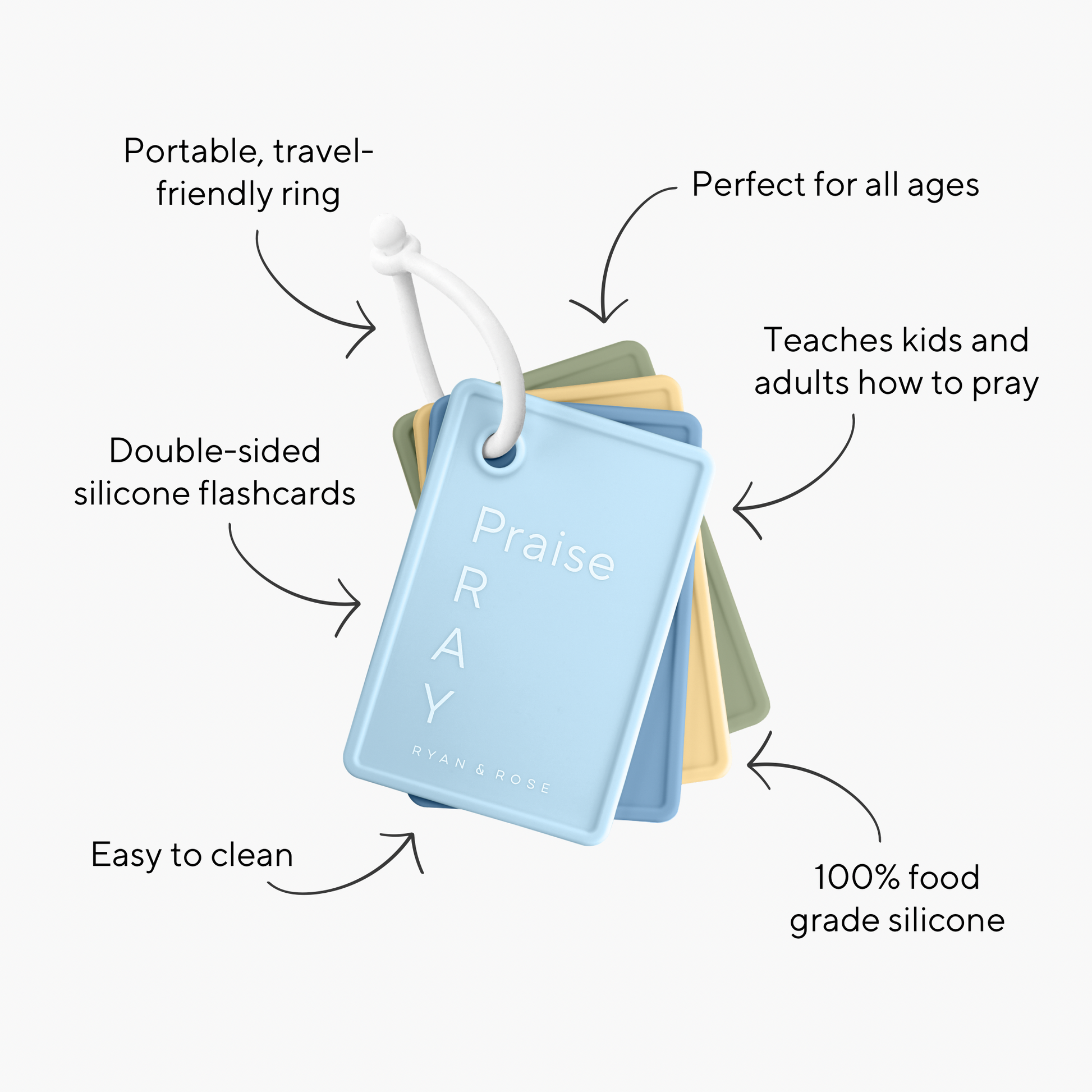Set of colorful cards with 'Praise RAY' text on a white background