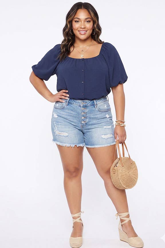 Plus Size Bubble Sleeve Button Front Blouse