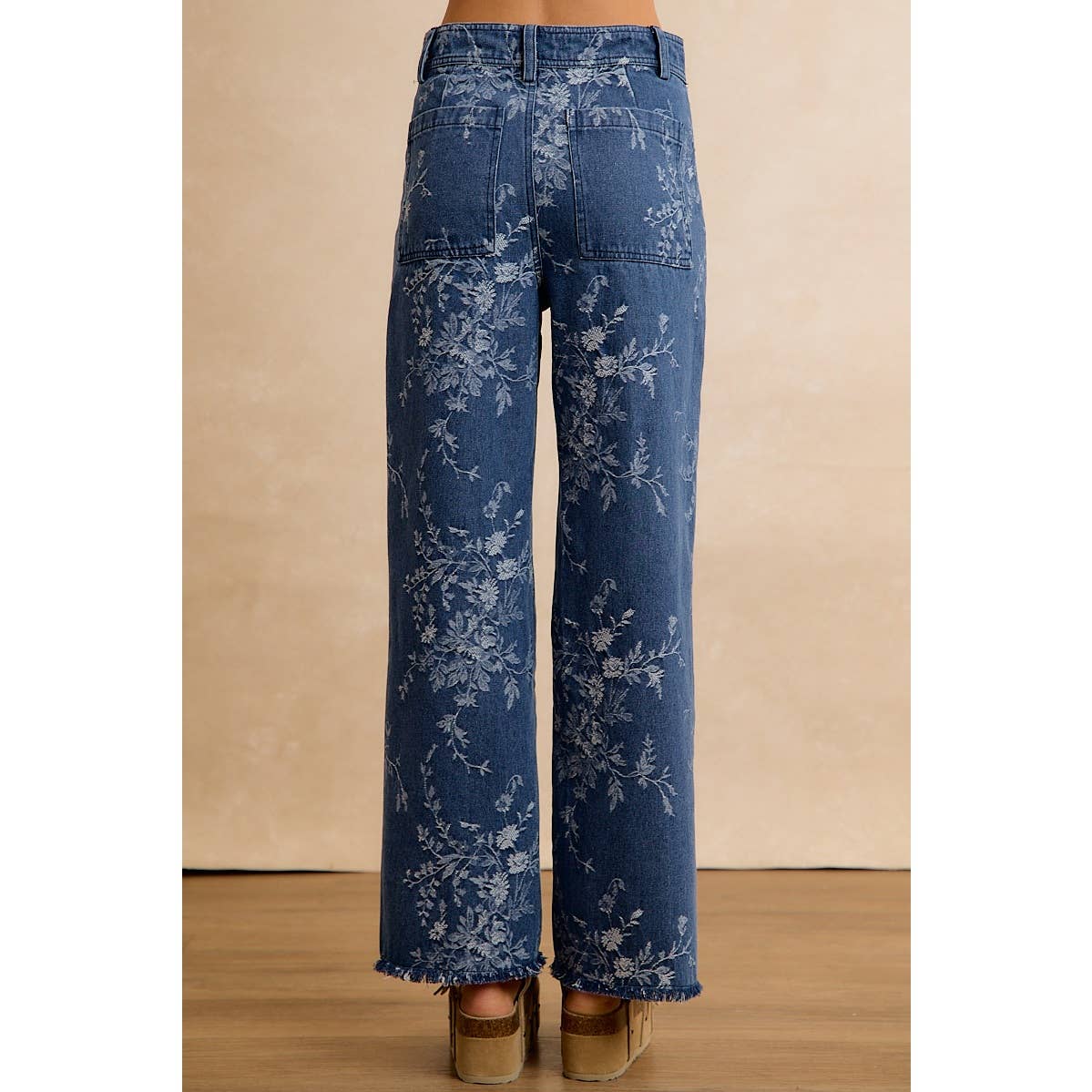 VINTAGE FLORAL VINE PRINT WIDE LEG JEANS