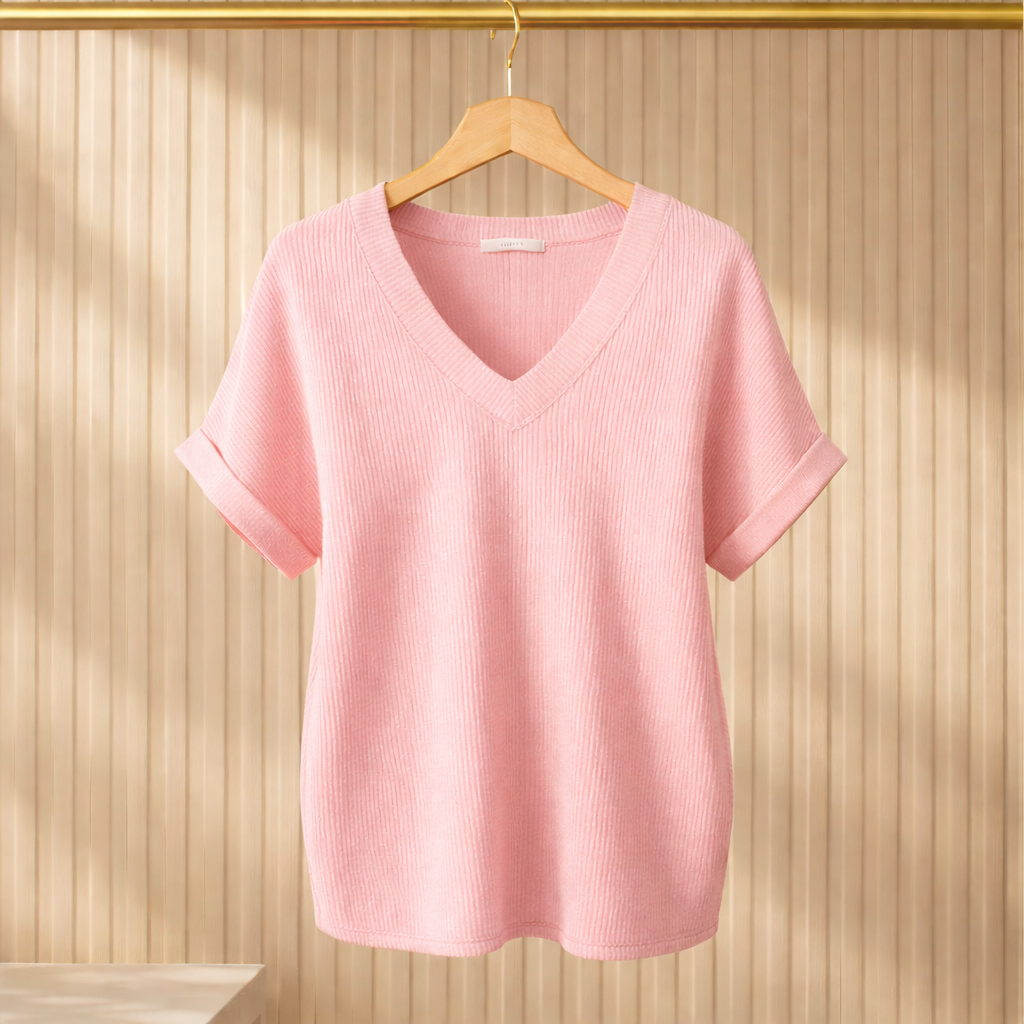 BASIC WAVE RIB V-NECK SHORT SLEEVE TUNIC TOP